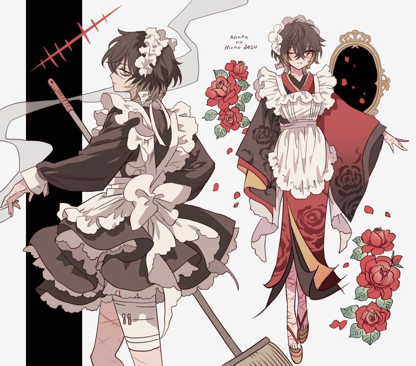 1boy, apron, bad_id, bad_pixiv_id, bandaged_leg, bandages, black_dress, blonde_hair