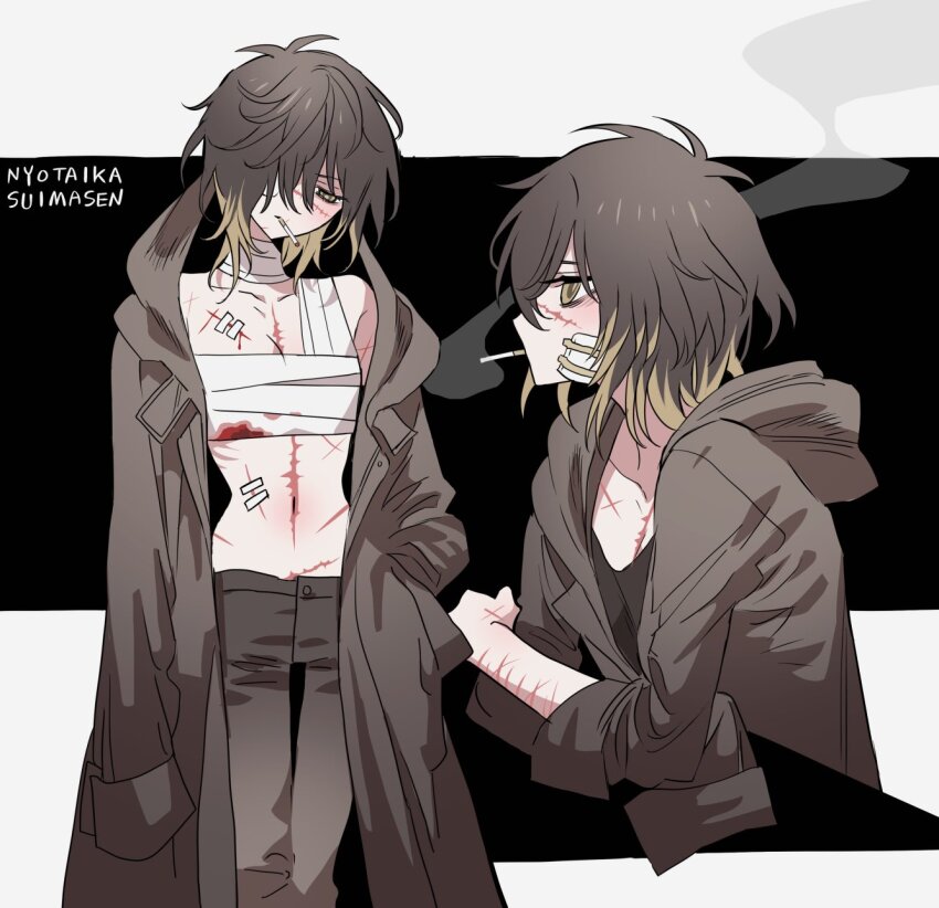 1girl, bad_id, bad_pixiv_id, bandaged_chest, black_coat, black_pants, black_shirt, brown_hair