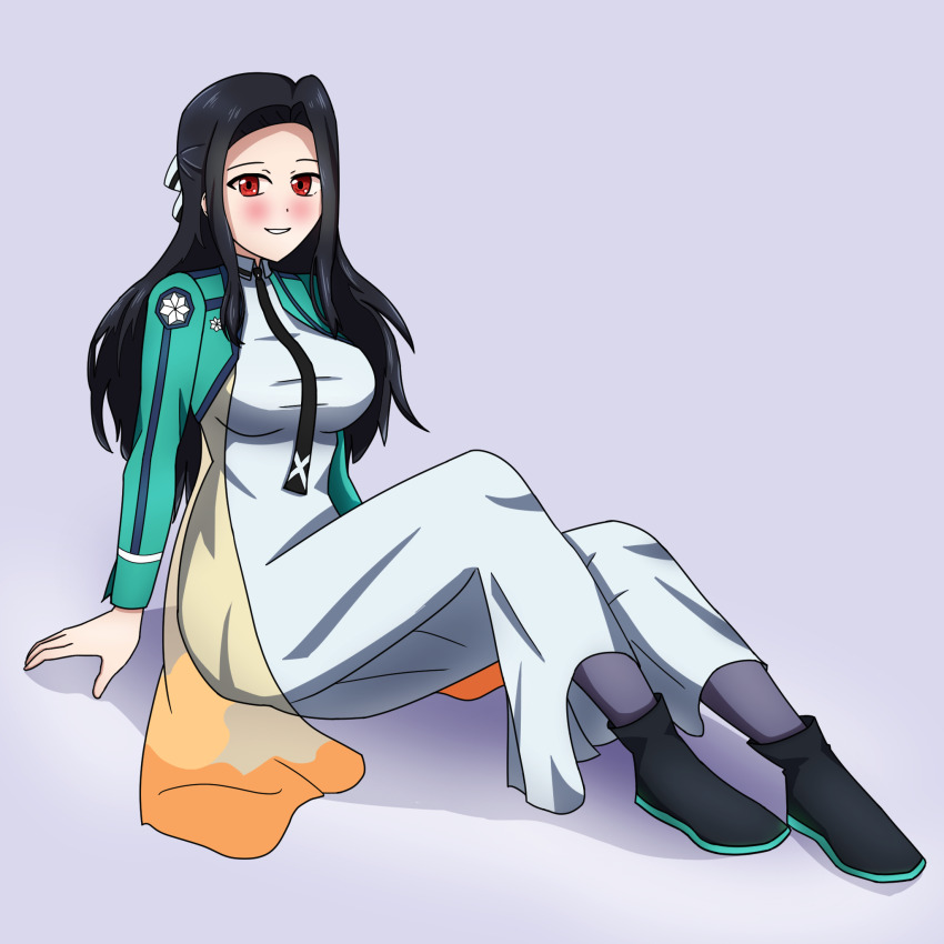 1girl, astelord, black_boots, black_hair, black_necktie, blush, boots, breasts