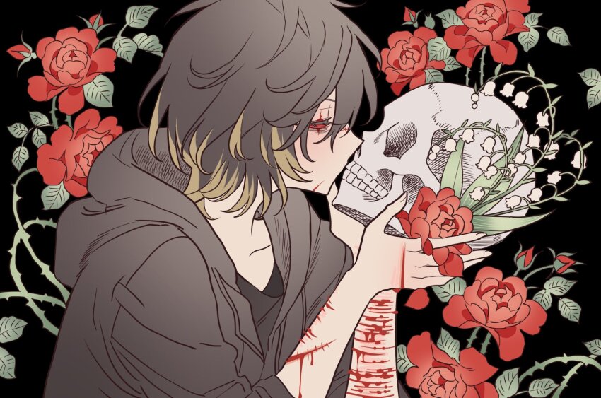 1boy, bad_id, bad_pixiv_id, black_background, black_jacket, black_shirt, bleeding, blood, brown_hair, closed_eyes, cuts, floral_background, flower, hands_up, highres, holding, holding_skull, hood, hooded_jacket, injury, jacket, kiss, kissing_skull, lily_of_the_valley, male_focus, meremero, profile, red_flower, red_rose, rose, scar, scar_on_arm, scar_on_face, self-harm, self-harm_scar, shirt, short_hair, skull, slow_damage, towa_(slow_damage), wrist_cutting