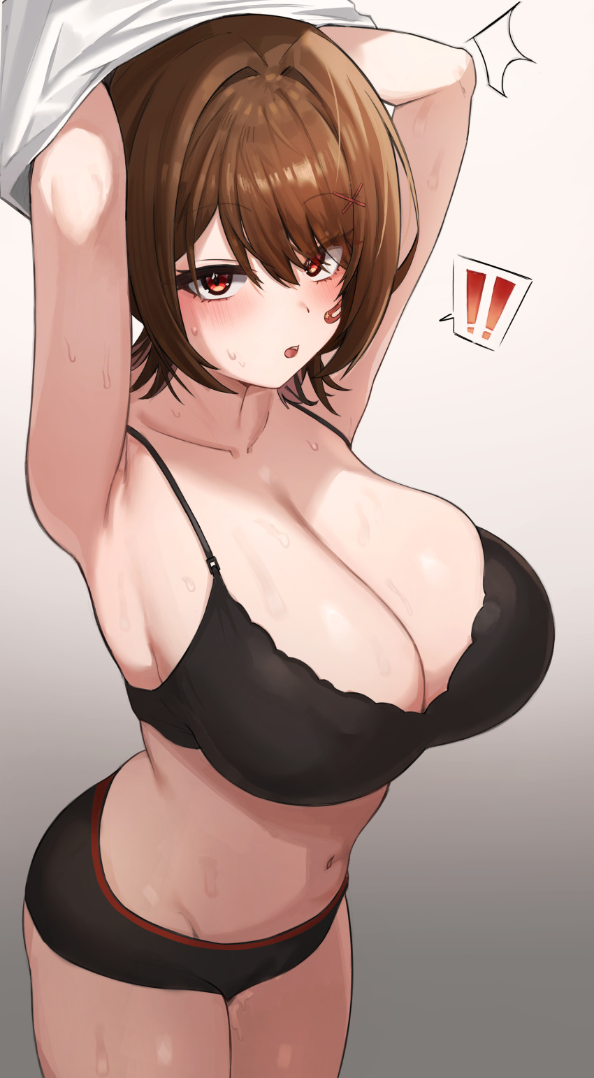 !, 1girl, absurdres, armpits, arms_up, bandaid, bandaid_on_face, black_bra, black_panties, black_survival, blush, bra, breasts, brown_hair, cleavage, collarbone, commentary, dasi_(kwts3227), estelle_(black_survival), eternal_return:_black_survival, gradient_background, hair_ornament, highres, large_breasts, looking_at_viewer, navel, panties, red_eyes, short_hair, solo, spoken_exclamation_mark, sweat, underwear, undressing, x_hair_ornament
