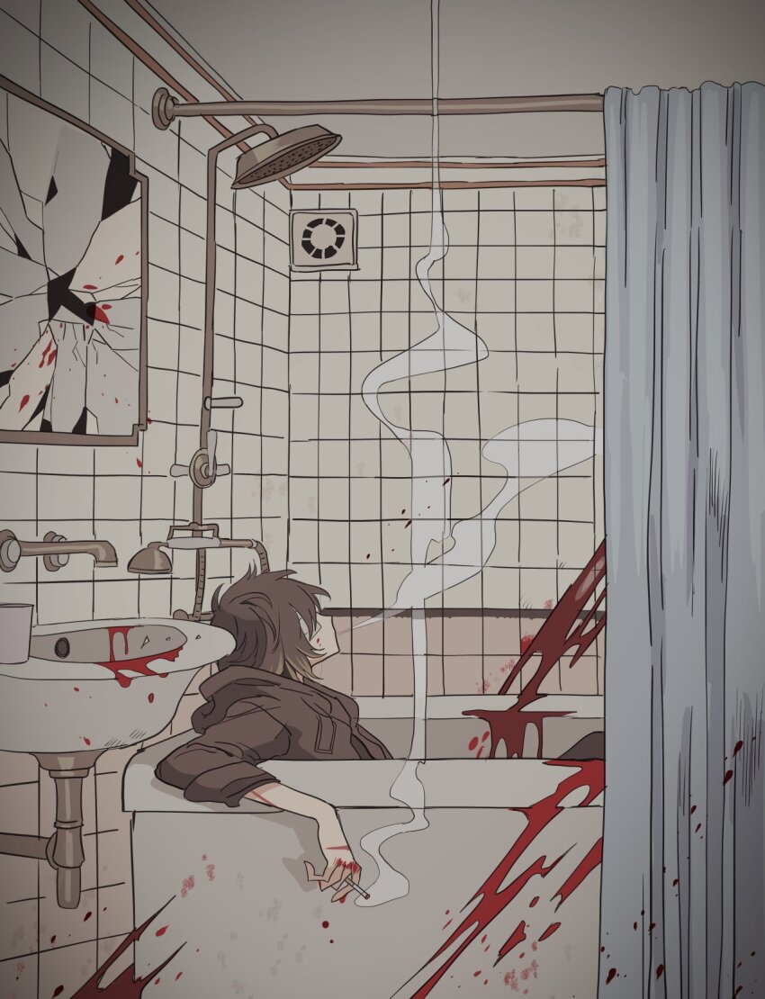 1boy, bad_id, bad_pixiv_id, bathroom, bathtub, blood, blood_on_face, blood_on_hands