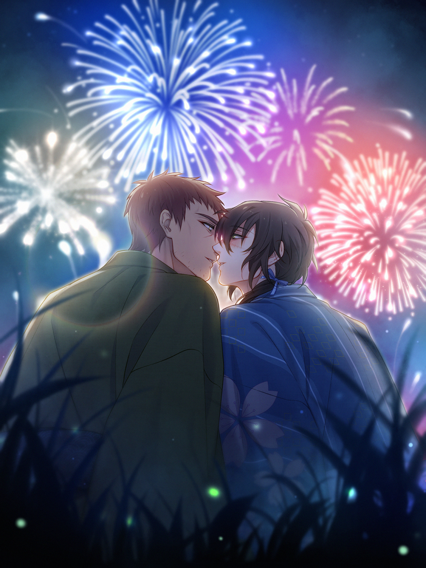 2boys, aerial_fireworks, asahi_(baiyameng), beard_stubble, black_hair, blue_kimono, brown_hair, bug