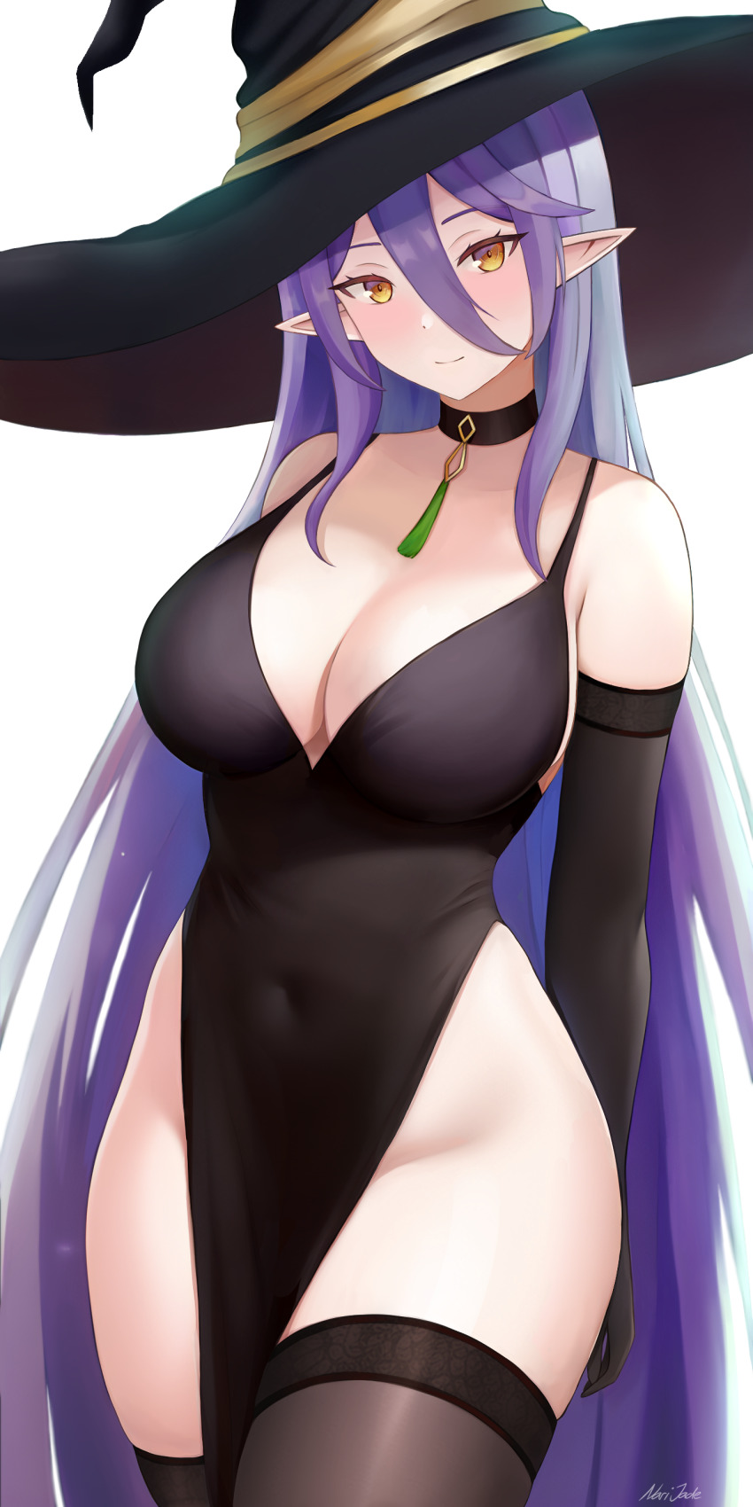 1girl, absurdres, aria_(epic_seven), bare_shoulders, black_choker, black_dress, black_gloves, black_thighhighs