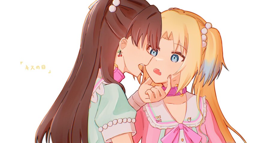 2girls, amane61115, blonde_hair, blue_eyes, blue_hair, brown_hair, cherry_earrings, choker, collarbone, commentary, dress, earrings, face-to-face, fang, food-themed_earrings, food_themed_earrings, frilled_sailor_collar, frills, fujishima_megumi, gradient_hair, green_dress, hakuchu_a_la_mode_(love_live!), hand_on_another's_face, heart, heart_choker, heart_o-ring, heart_ring_choker, highres, imminent_kiss, jewelry, kiss_day, light_blue_hair, link!_like!_love_live!, long_hair, long_sleeves, looking_at_another, love_live!, mira-cra_park!, multicolored_hair, multiple_girls, no_eyes, o-ring, o-ring_choker, open_mouth, osawa_rurino, parted_bangs, pink_choker, pink_dress, puffy_short_sleeves, puffy_sleeves, sailor_collar, short_sleeves, simple_background, translation_request, twintails, two_side_up, virtual_youtuber, white_background, white_sailor_collar, yuri
