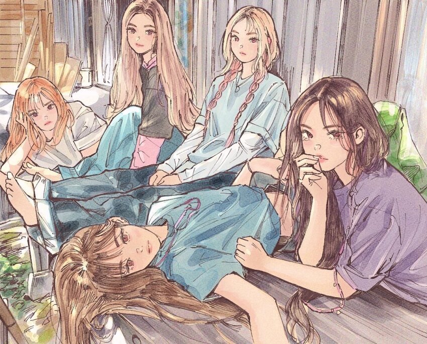 5girls, animification, barefoot, black_shirt, blonde_hair, blue_pants, braid, brown_eyes