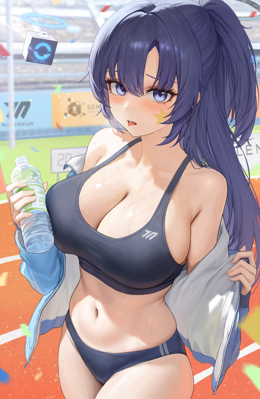 1girl, absurdres, bare_shoulders, black_buruma, black_sports_bra, blue_archive, blue_eyes, blue_hair, blue_jacket, blush, bottle, breasts, buruma, cleavage, collarbone, day, facial_mark, halo, heine_(haloo1101), highres, holding, holding_bottle, jacket, large_breasts, long_hair, long_sleeves, looking_at_viewer, navel, off_shoulder, official_alternate_costume, open_clothes, open_jacket, outdoors, parted_bangs, parted_lips, running_track, solo, sports_bra, star_(symbol), star_facial_mark, star_on_cheek, stomach, sweat, thighs, tongue, tongue_out, track_and_field, water_bottle, yuuka_(blue_archive), yuuka_(track)_(blue_archive)