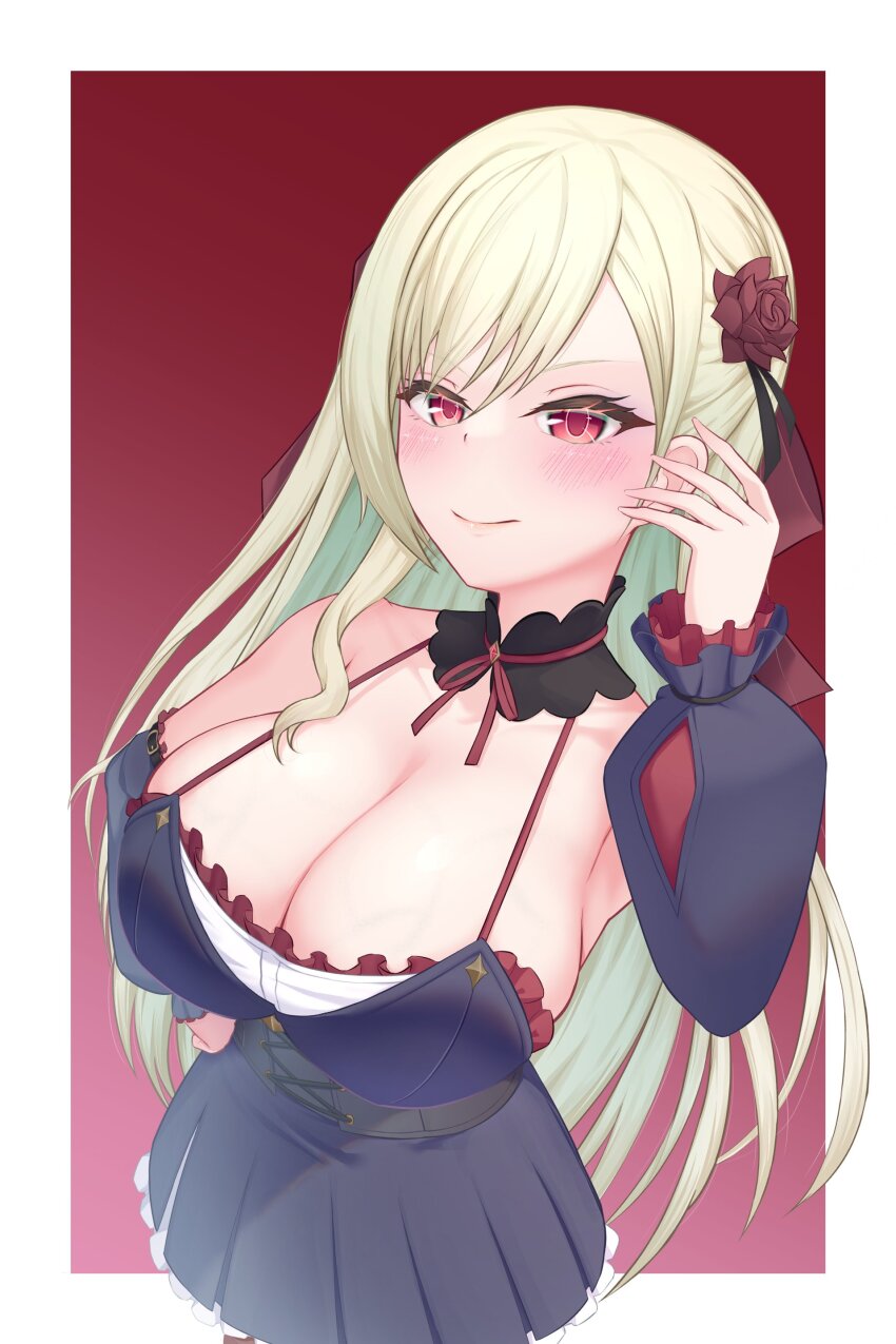 1girl, absurdres, assault_lily, bare_shoulders, black_collar, black_dress, blonde_hair, blush, border, breasts, cleavage, closed_mouth, collar, commentary, cowboy_shot, cross-laced_clothes, detached_sleeves, dress, flower, frilled_dress, frilled_sleeves, frills, gem, gradient_background, hair_between_eyes, hair_flower, hair_ornament, hair_ribbon, half-closed_eyes, halter_dress, halterneck, hand_on_own_hip, hand_up, highres, large_breasts, long_hair, long_sleeves, looking_at_viewer, neck_ribbon, okada_kisara, outside_border, pleated_dress, red_background, red_eyes, red_flower, red_gem, red_ribbon, ribbon, sleeveless, sleeveless_dress, smile, solo, standing, ueharu, underbust, v-shaped_eyebrows, veins, veiny_breasts, very_long_hair, white_border