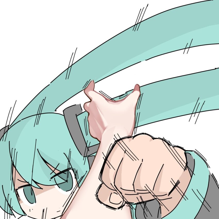 1girl, aqua_eyes, aqua_hair, clenched_hand, commentary, grabbing, hair_ornament, hatsune_miku, hokorima, incoming_attack, incoming_punch, looking_at_viewer, meme, motion_lines, pov, pov_cheek_grabbing_(meme), punching, simple_background, twintails, upper_body, v-shaped_eyebrows, vocaloid, white_background