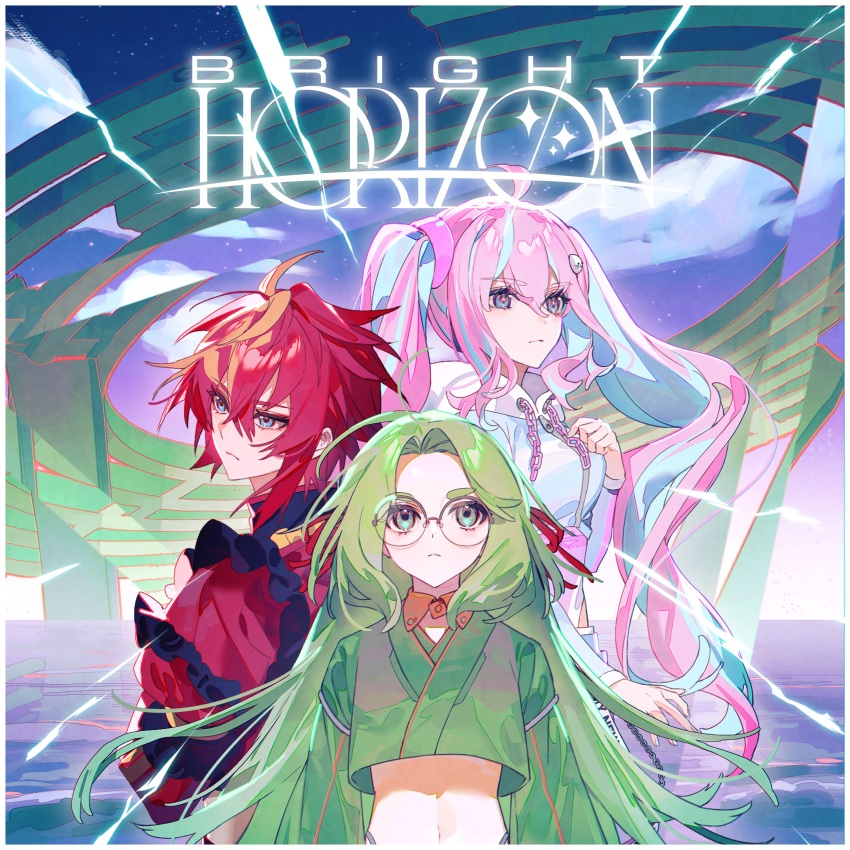 3girls, absurdres, ahoge, album_cover, asanagi_obi, blue_eyes, blue_hair, blue_jacket