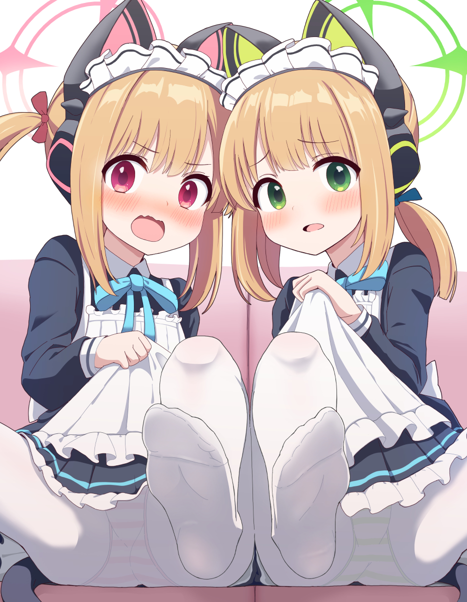 2girls, animal_ear_headphones, animal_ears, apron, black_dress, blonde_hair, blue_archive, blush