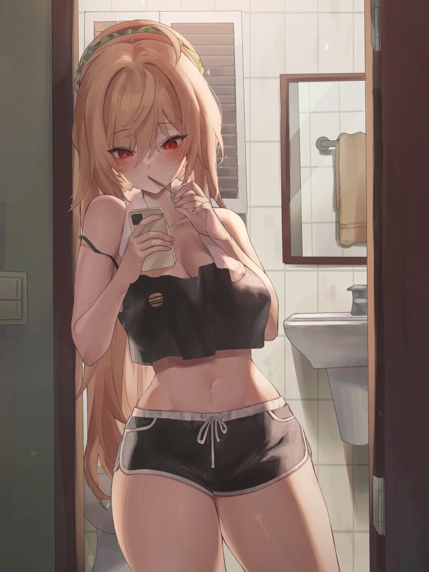 1girl, absurdres, ahoge, black_shorts, blonde_hair, breasts, brushing_teeth, cleavage