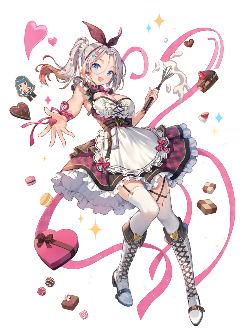 1girl, apron_pouch, aqua_eyes, artist_request, bare_arms, belt, belt_buckle, bow