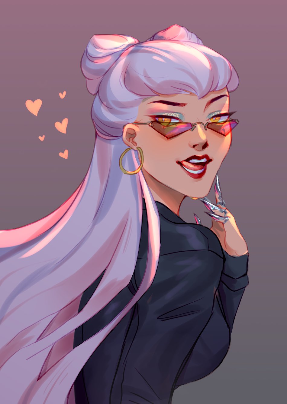 1girl, black_suit, claw_(weapon), cone_hair_bun, demon, demon_girl, earrings, evelynn_(league_of_legends)