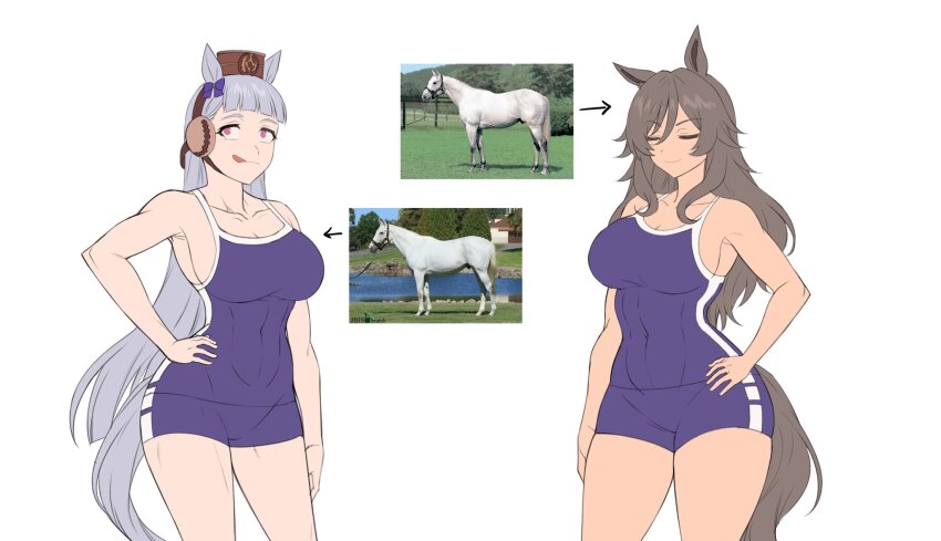 2girls, animal_ears, bare_shoulders, blunt_bangs, blunt_ends, bow, breasts, brown_hair, brown_hat, cleavage, closed_eyes, collarbone, commentary, competition_school_swimsuit, cowboy_shot, creature_and_personification, ear_bow, flat_color, fukuro_(maruaru00), gold_ship_(racehorse), gold_ship_(umamusume), grey_hair, hair_between_eyes, hand_on_own_hip, hat, headgear, highres, horse, horse_ears, horse_girl, horse_tail, kurofune_(racehorse), large_breasts, long_hair, multiple_girls, pac-man_eyes, perry_steam_(umamusume), personification, photo_inset, pillbox_hat, purple_bow, real_life, school_swimsuit, sideboob, sidelocks, swimsuit, tail, toned, toned_female, tongue, tongue_out, umamusume, umamusume:_beginning_of_a_new_era, very_long_hair, wavy_hair