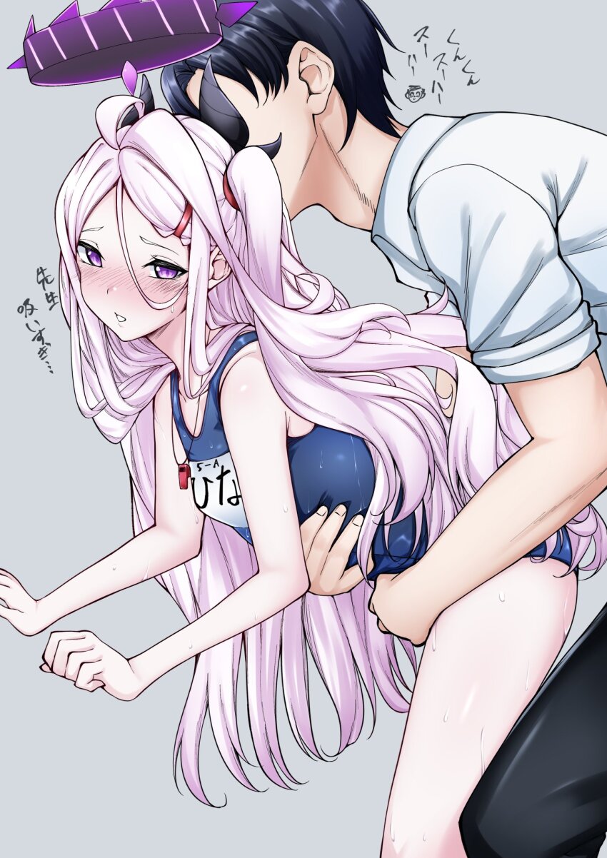 1boy, 1girl, ahoge, blue_archive, blue_one-piece_swimsuit, commentary_request, demon_horns, grey_background