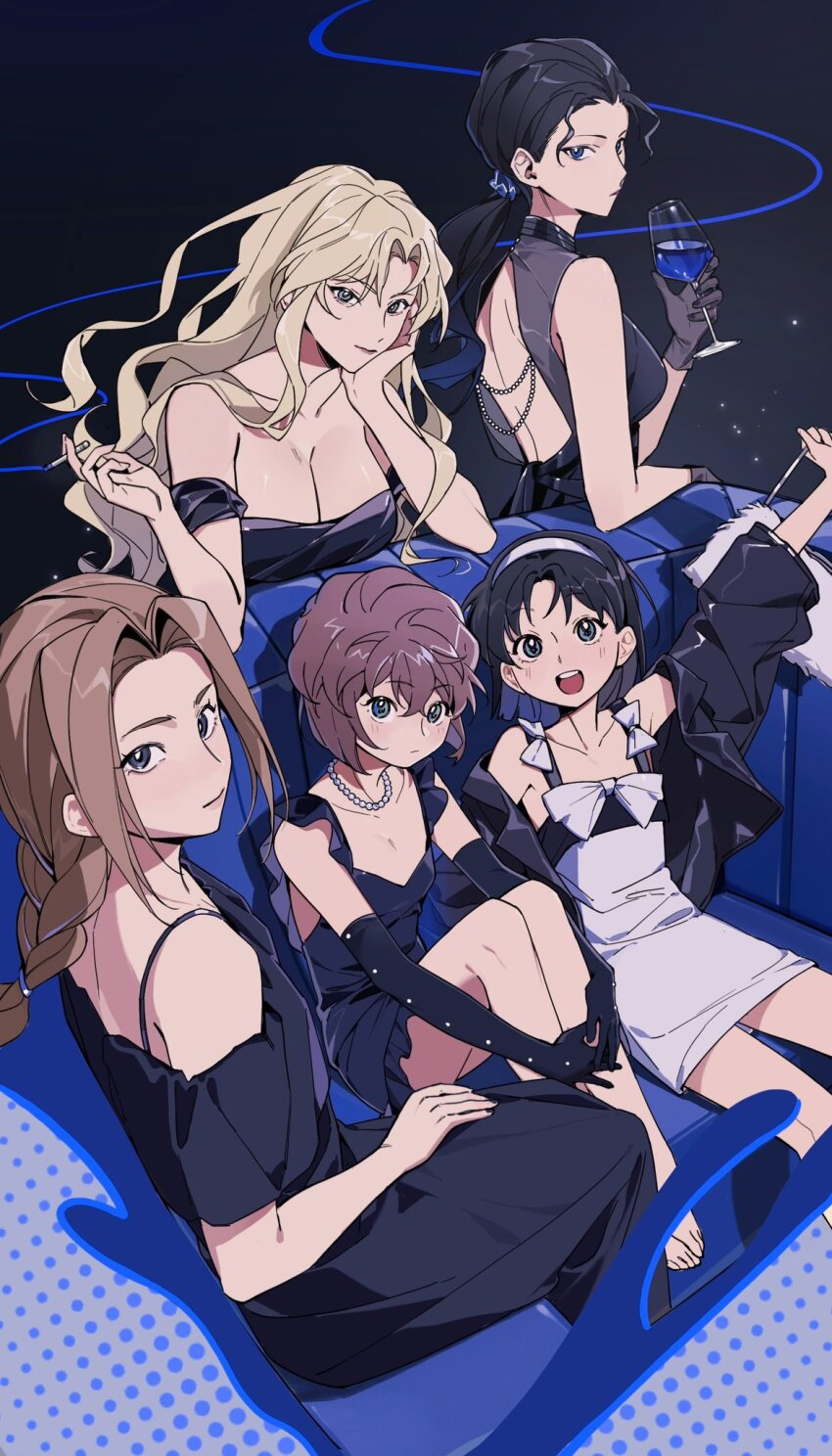 5girls, alternate_costume, arm_up, backless_dress, backless_outfit, bag, bare_legs, bare_shoulders, barefoot, bead_necklace, beads, black_background, black_dress, black_gloves, black_hair, black_jacket, blonde_hair, blue_eyes, bob_cut, bow, braid, braided_ponytail, breasts, cigarette, cleavage, closed_mouth, commentary, cup, dress, drinking_glass, elbow_gloves, english_commentary, floating_hair, formal_clothes, gloves, green_eyes, haibara_ai, hairband, handbag, hands_up, head_on_hand, head_rest, highres, holding, holding_bag, holding_cigarette, holding_cup, hugging_own_legs, jacket, jewelry, jyuroku_(blacksugar_16), knees_up, large_breasts, liquid, long_hair, looking_at_viewer, low_ponytail, medium_breasts, meitantei_conan, meitantei_conan_kurogane_no_submarine, mizunashi_rena, multicolored_eyes, multiple_girls, naomi_argento, necklace, off-shoulder_dress, off_shoulder, open_mouth, parted_bangs, ponytail, side-by-side, single_braid, sitting, sleeveless, sleeveless_dress, small_breasts, smile, smoke, vermouth_(meitantei_conan), white_bow, white_dress, yoshida_ayumi
