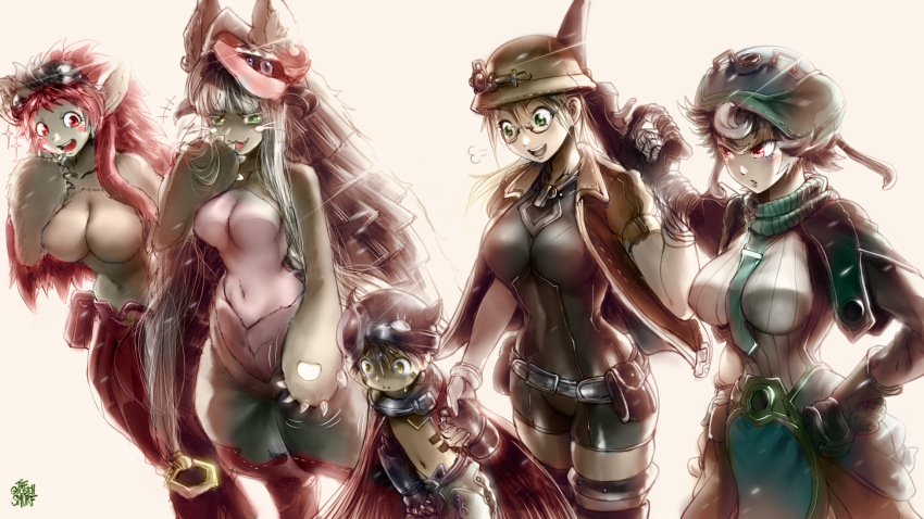 1boy, 4girls, age_difference, aged_up, breasts, commentary, english_commentary, genderswap, genderswap_(otf), highres, large_breasts, made_in_abyss, mitty_(furry)_(made_in_abyss), mitty_(made_in_abyss), multiple_girls, nanachi_(made_in_abyss), navel, onee-shota, prushka, prushka_(furry), reg_(made_in_abyss), riko_(made_in_abyss), shota, size_difference, the_golden_smurf