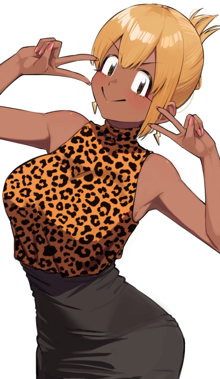 1girl, :>, animal_print, ayatak0517, black_eyes, black_skirt, blonde_hair, dark-skinned_female