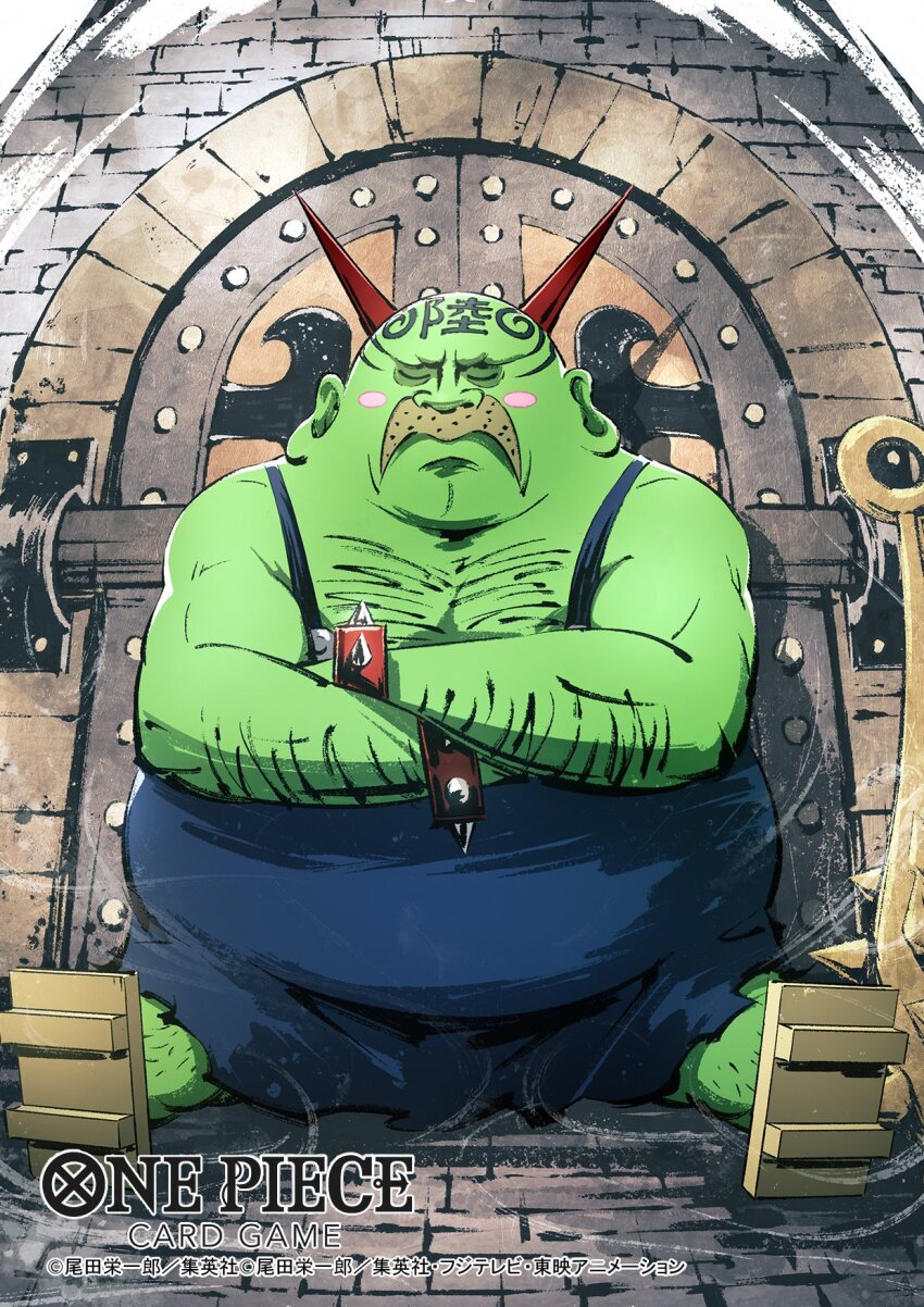 1boy, blue_overalls, blush_stickers, bracelet, closed_eyes, colored_skin, commentary_request, copyright_name