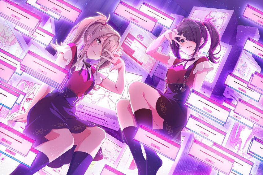 2girls, ame-chan_(needy_girl_overdose), ame-chan_(needy_girl_overdose)_(cosplay), black_eyes, black_hair, black_ribbon, black_skirt, black_socks