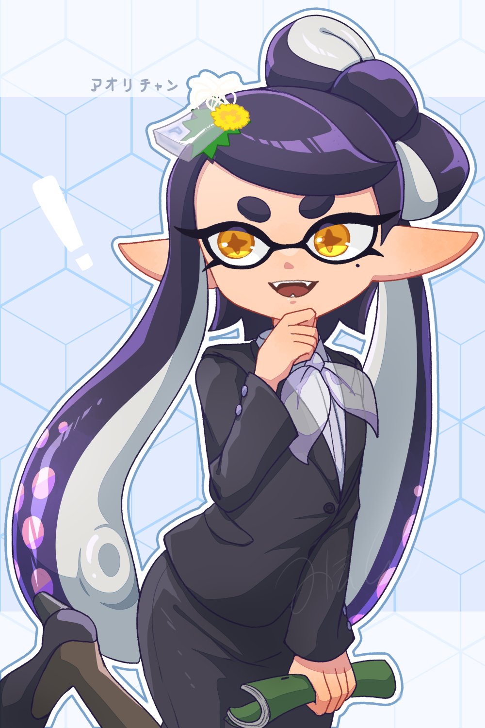 1girl, black_skirt, black_suit, blue_background, bow, bow-shaped_hair, bowtie, callie_(news_anchor)_(splatoon)