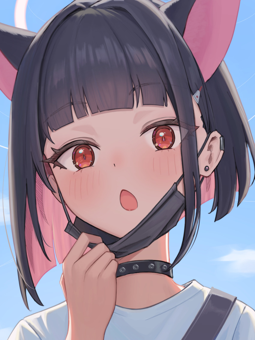 1girl, black_hair, black_mask, blue_archive, blue_sky, close-up, colored_inner_animal_ears, colored_inner_hair