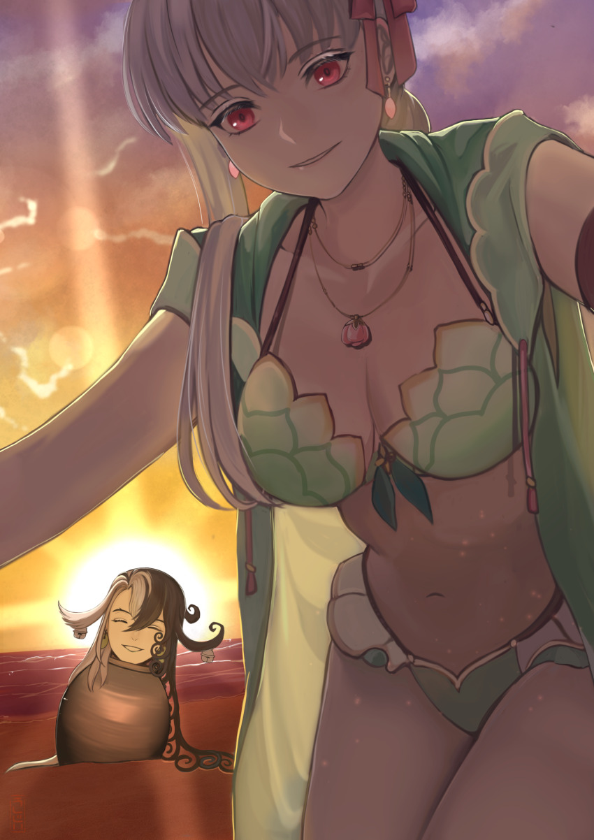 1boy, 1girl, ashiya_douman_(fate), bare_shoulders, beach, bikini, black_hair, braid, braided_ponytail, breasts, cleavage, closed_eyes, collarbone, fate/grand_order, fate_(series), green_bikini, green_vest, highres, hood, hooded_vest, hoodie, jewelry, kama_(fate), kama_(second_ascension)_(fate), kama_(swimsuit_avenger)_(second_ascension)_(fate), kama_(teenager)_(fate), large_breasts, long_hair, looking_at_viewer, multicolored_hair, navel, pendant, red_eyes, shore, smile, split-color_hair, swimsuit, thighs, ushijiya, vest, white_hair