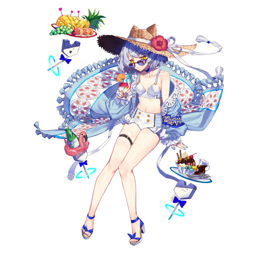 1girl, 3others, :3, aqua_coat, aqua_hair, aqua_nails, aqua_sleeves, aqua_straps, aqua_tassel, artist_request, bare_legs, beads, bikini, black_straps, blue_bow, blue_bowtie, blue_choker, bottle, bow, bowl, bowtie, breasts, brown_hat, buttons, cherry, chocolate_syrup, choker, coat, collarbone, cup, drink, drinking_glass, final_gear, floating, floating_object, flower, food, fruit, full_body, grapes, hat, hat_flower, hat_ribbon, hat_with_ears, hibiscus, high_heel_sandals, high_heels, highres, holding, holding_cup, holding_drink, horizontal-striped_bikini, ice_cream, inflatable_flamingo, long_sleeves, looking_at_viewer, midriff, multicolored_bikini, multicolored_coat, multiple_others, nail_polish, navel, official_art, open_mouth, orange_(fruit), orange_slice, pineapple, pineapple_slice, pitcher_(container), plate, purple-tinted_eyewear, red_flower, ribbon, sandals, shadow, shoe_strap, short_hair, simple_background, single_bare_shoulder, sitting, sleeve_cuffs, small_breasts, soda_bottle, solo, spoon, sun_hat, sunglasses, swimsuit, tachi-e, tassel, thigh_strap, third-party_source, tinted_eyewear, transparent_background, two-tone_bikini, veronica_(final_gear), wafer_stick, whipped_cream, white_bikini, white_footwear, white_ribbon, yellow_eyes