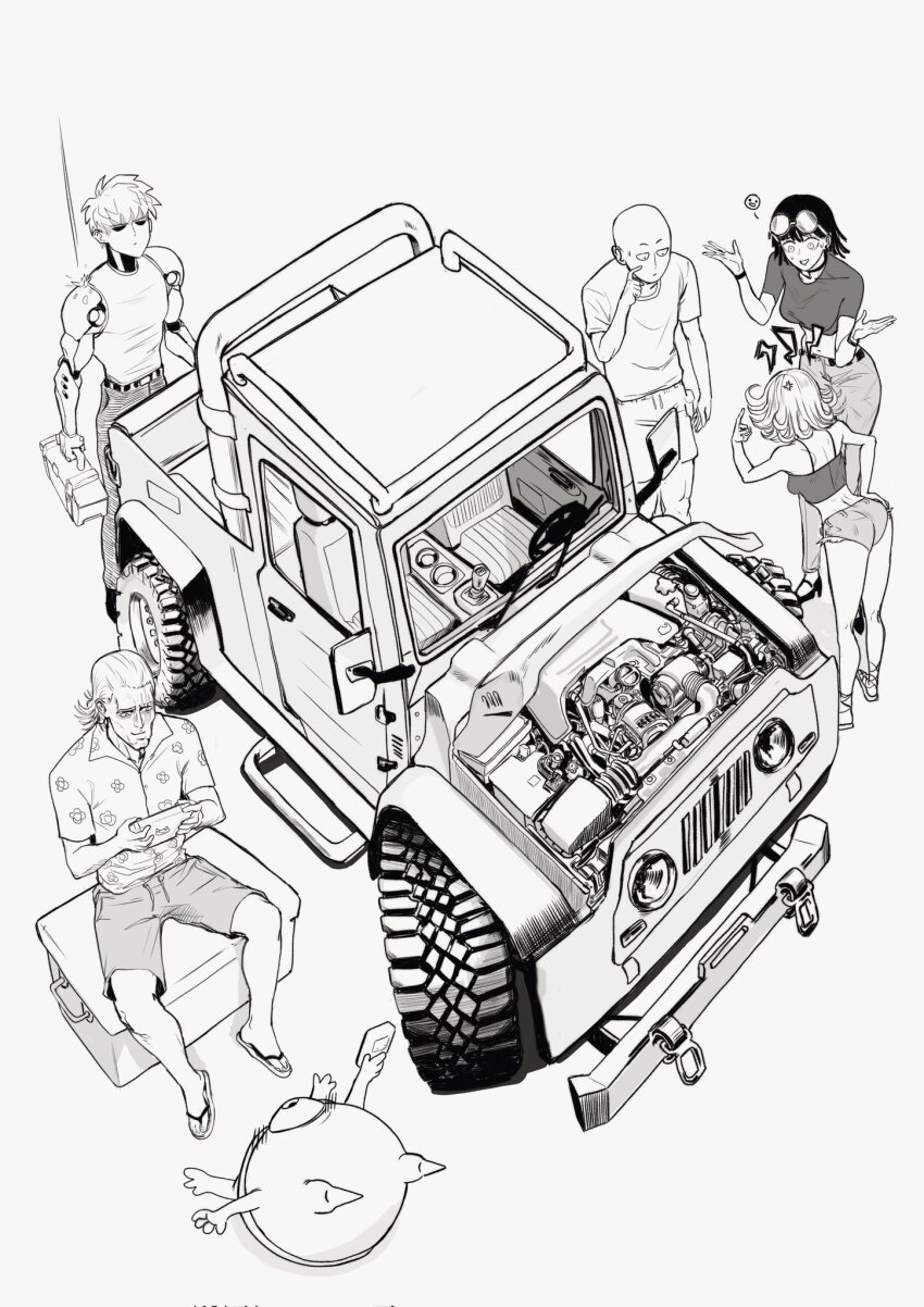 3boys, 3girls, android, anger_vein, angry, collared_shirt, eyewear_on_head, fubuki_(one-punch_man)