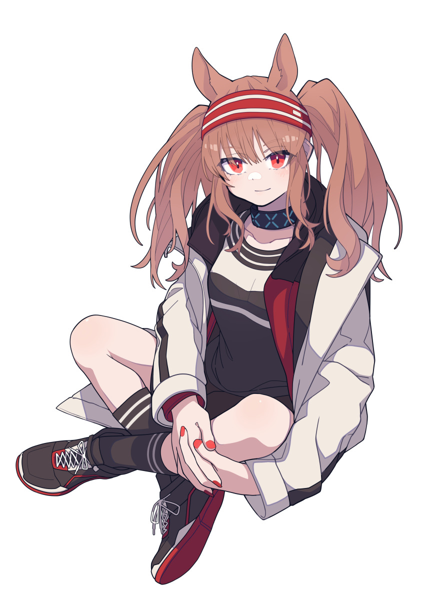 1girl, absurdres, angelina_(arknights), animal_ears, arknights, black_collar, black_shirt, black_shoes