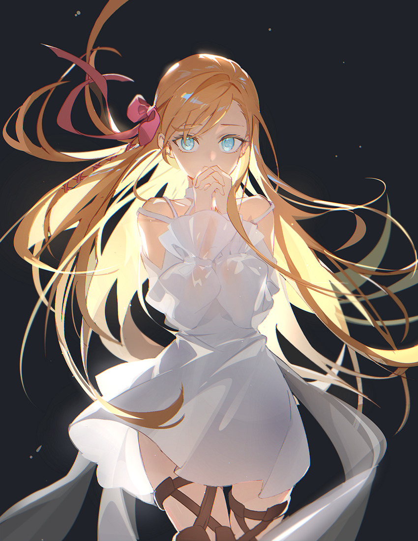 1girl, black_background, blue_eyes, bow, cheese_(yongggam), covered_mouth, cowboy_shot, dress