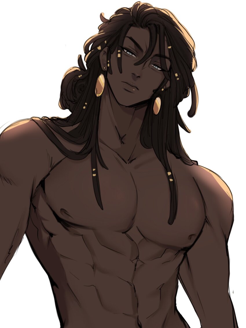 1boy, abs, closed_mouth, dark-skinned_male, dark_skin, earrings, gold_earrings, grey_eyes, half_updo, highres, jewelry, jin_(xiannie), long_hair, long_locs, looking_at_viewer, male_focus, nipples, original, simple_background, solo, tied_locs, toned, toned_male, topless_male, white_background