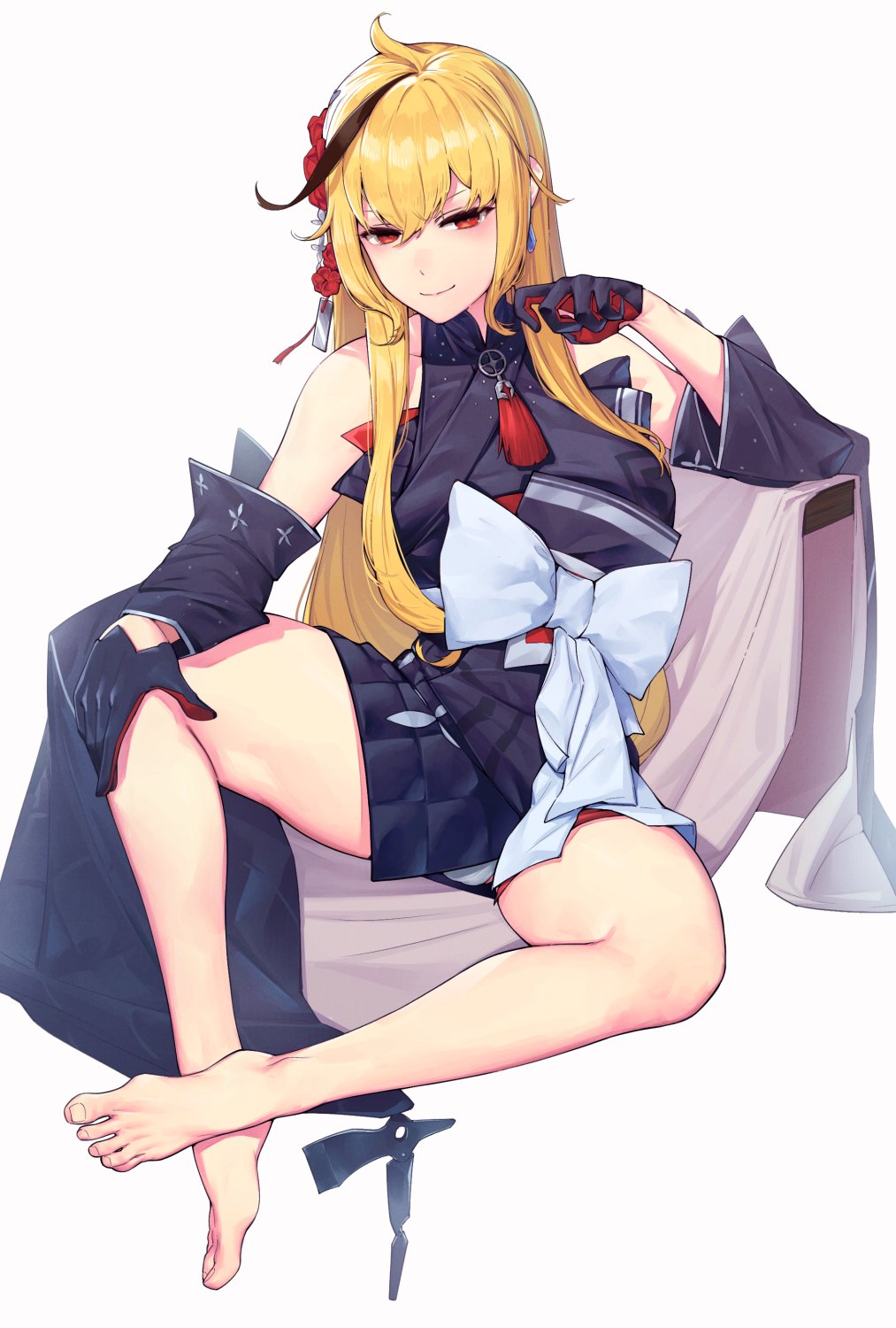 1girl, barefoot, black_gloves, black_hair, blonde_hair, detached_sleeves, feet, gloves