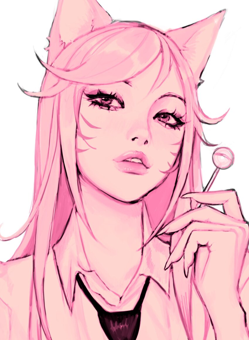 1girl, ahri_(league_of_legends), animal_ears, candy, chupa_chups, crescentkitten, facial_mark, food