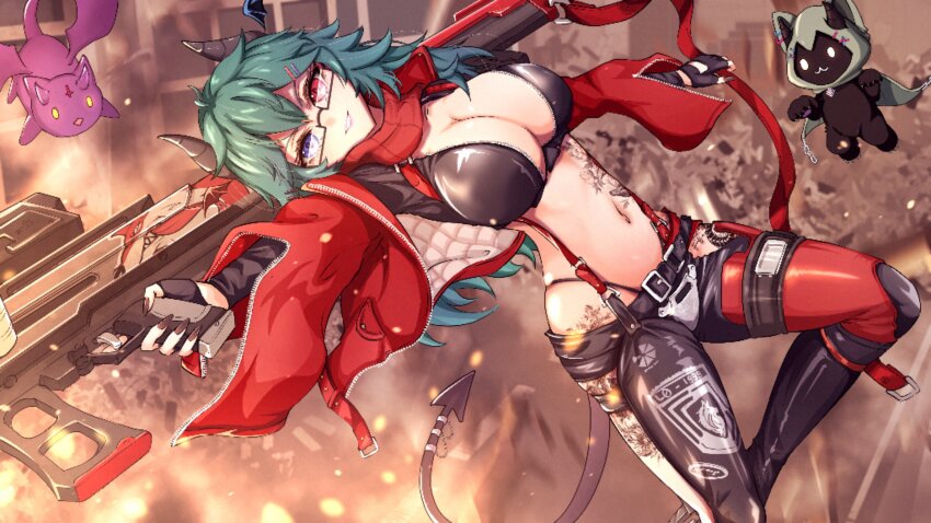 1girl, absurdres, aruna_reaver, black_gloves, black_horns, black_pants, blue_eyes, breasts, cosplay, demon_cat, demon_girl, demon_horns, demon_tail, fingerless_gloves, glasses, gloves, goddess_of_victory:_nikke, green_hair, guurei, head_wings, heterochromia, highleg, highleg_panties, highres, holding, holding_weapon, horns, indie_virtual_youtuber, jacket, large_breasts, leg_tattoo, long_hair, lowrise, lowrise_pants, navel, open_clothes, open_jacket, panties, pants, panty_straps, red_eyes, red_hood_(nikke), red_hood_(nikke)_(cosplay), red_jacket, second-party_source, semi-rimless_eyewear, stomach_tattoo, tail, tattoo, trigger_discipline, underwear, virtual_youtuber, weapon, wings, zipper