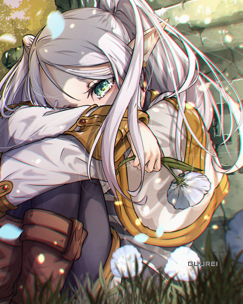 1girl, absurdres, artist_name, black_pantyhose, boots, brown_boots, commentary, elf, english_commentary, flower, frieren, gold_trim, grass, guurei, highres, holding, holding_flower, long_hair, pantyhose, pointy_ears, shirt, solo, sousou_no_frieren, striped_clothes, striped_shirt, tearing_up, twintails, white_flower, white_hair