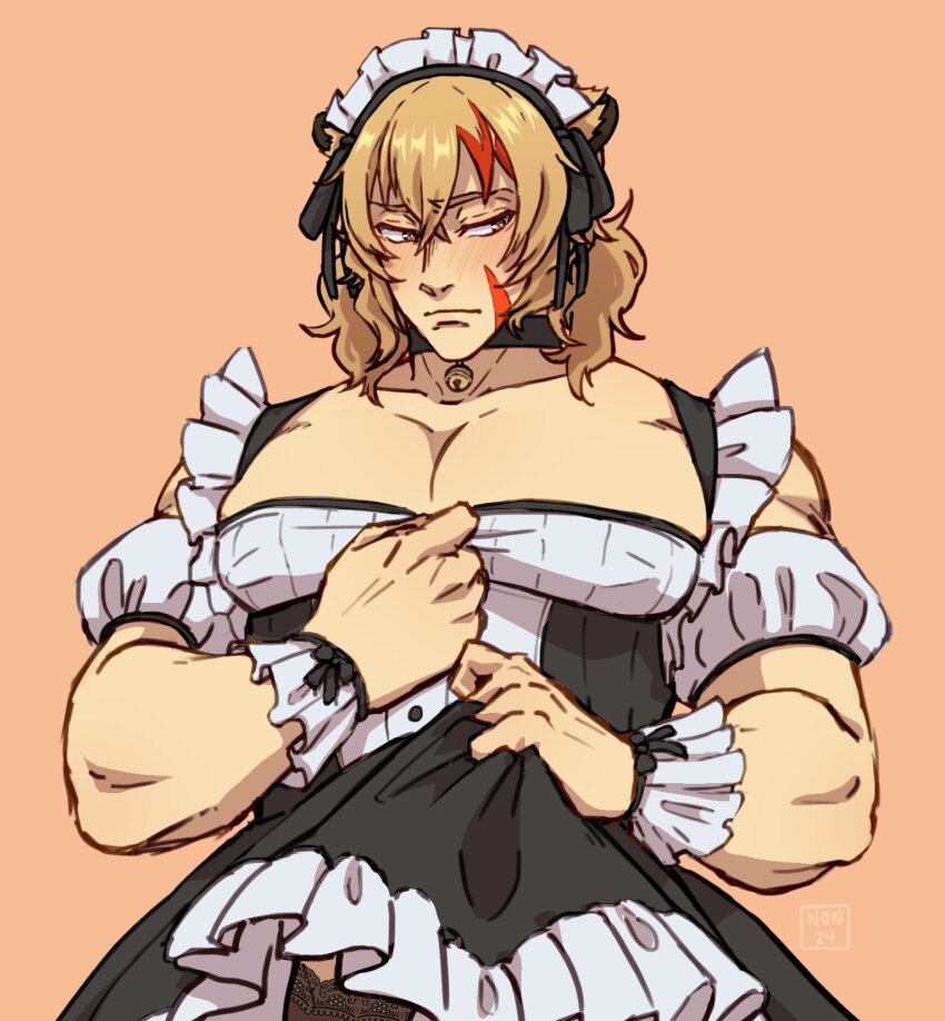 1boy, alternate_costume, bell, black_choker, black_dress, black_thighhighs, blonde_hair, blush, brown_eyes, choker, closed_mouth, collarbone, commentary, crossdressing, crossdressing_(mtf), crossed_bangs, dress, english_commentary, frilled_dress, frills, frown, furuyawn, hair_between_eyes, highres, leobel_purson, maid, maid_headdress, male_focus, male_maid, multicolored_hair, nexas_(vtuber), orange_background, puffy_sleeves, red_hair, solo, streaked_hair, thighhighs, virtual_youtuber, wrist_cuffs