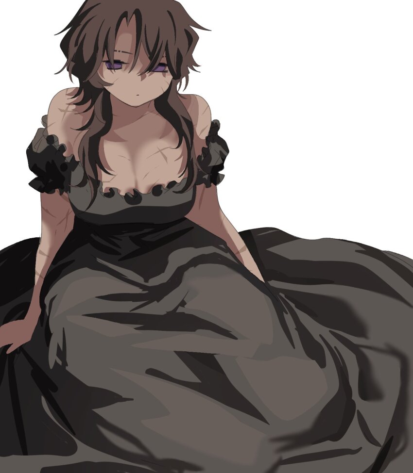 1girl, black_dress, breasts, brown_hair, cleavage, dark-skinned_female, dark_skin, detached_sleeves