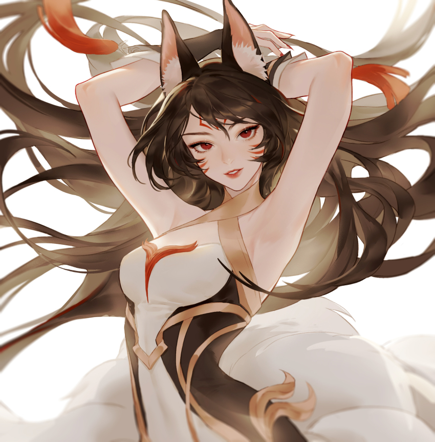 1girl, 891, ahri_(league_of_legends), animal_ear_fluff, animal_ears, armpits, arms_up, commentary