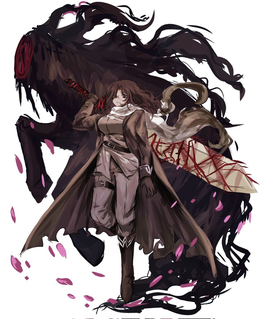 1girl, boots, breasts, brown_boots, brown_coat, brown_gloves, brown_hair, coat