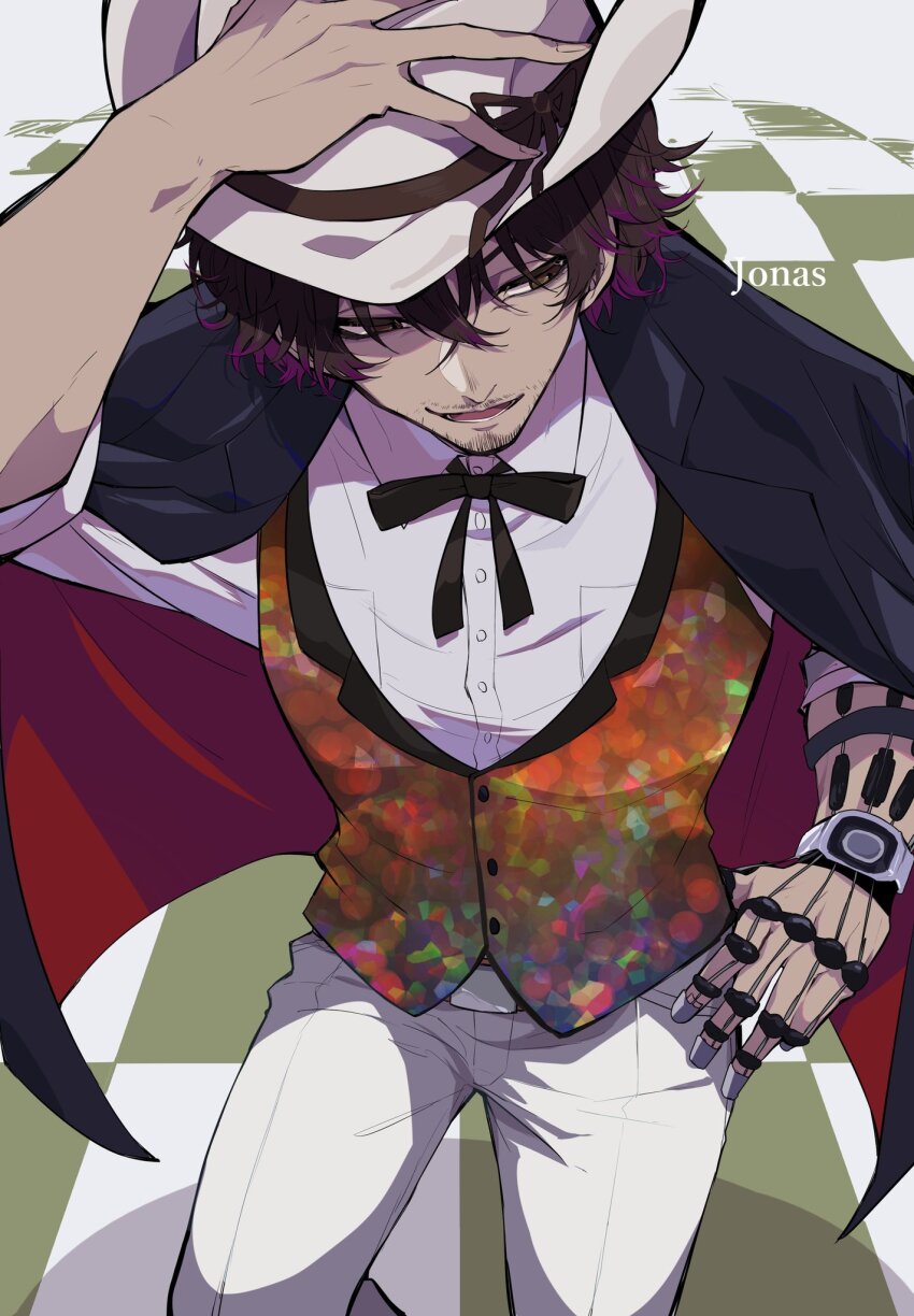 1boy, blonde_hair, bow, brown_hair, character_name, cowboy_hat, facial_hair, gnosia