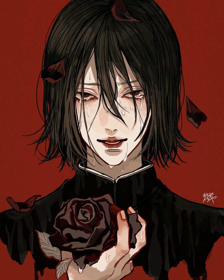 1boy, absurdres, black_jacket, brown_eyes, brown_hair, crying, flower, gakuran