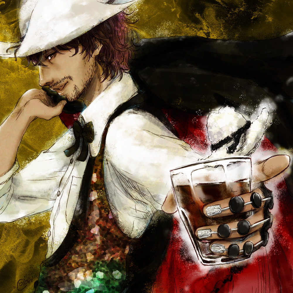 1boy, bow, brown_eyes, cotori_(globule), cowboy_hat, cup, drinking_glass, facial_hair