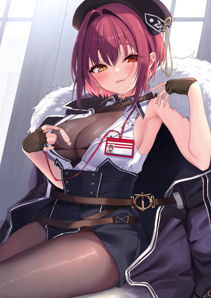 0707_una, 1girl, absurdres, bare_shoulders, beret, black_bra, black_hat, black_skirt