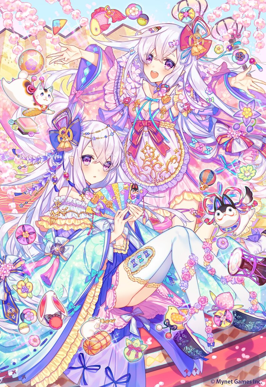 2girls, age_of_ishtaria, apron, bare_shoulders, blush, bonbori_(lighting), copyright_notice, flower