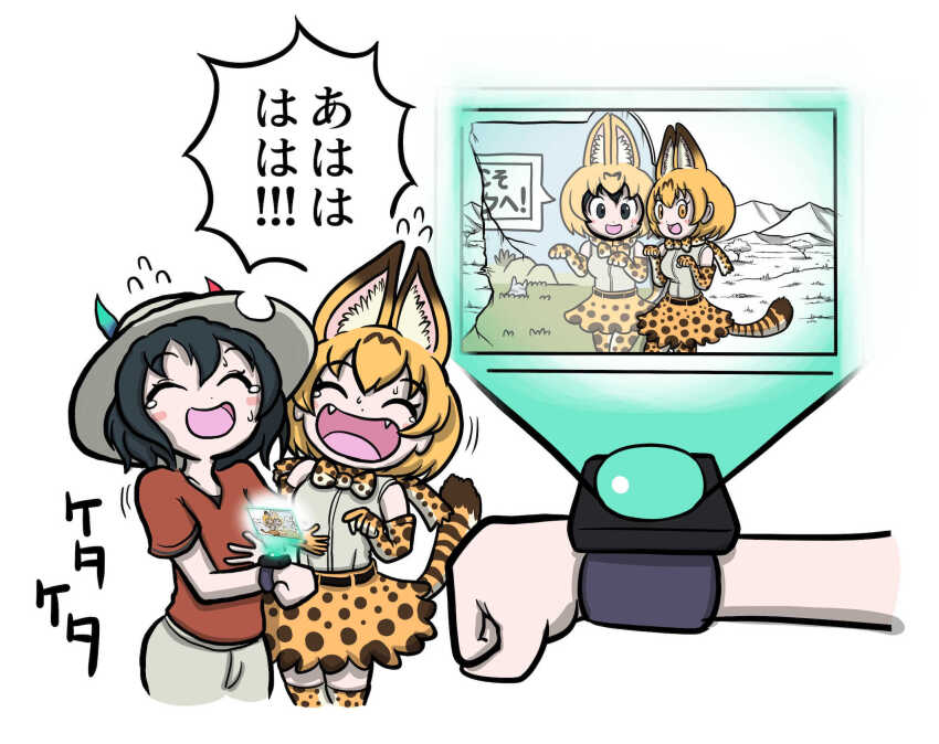 2girls, animal_ears, animal_print, aomushi_taro, backpack, bag, black_hair, blonde_hair