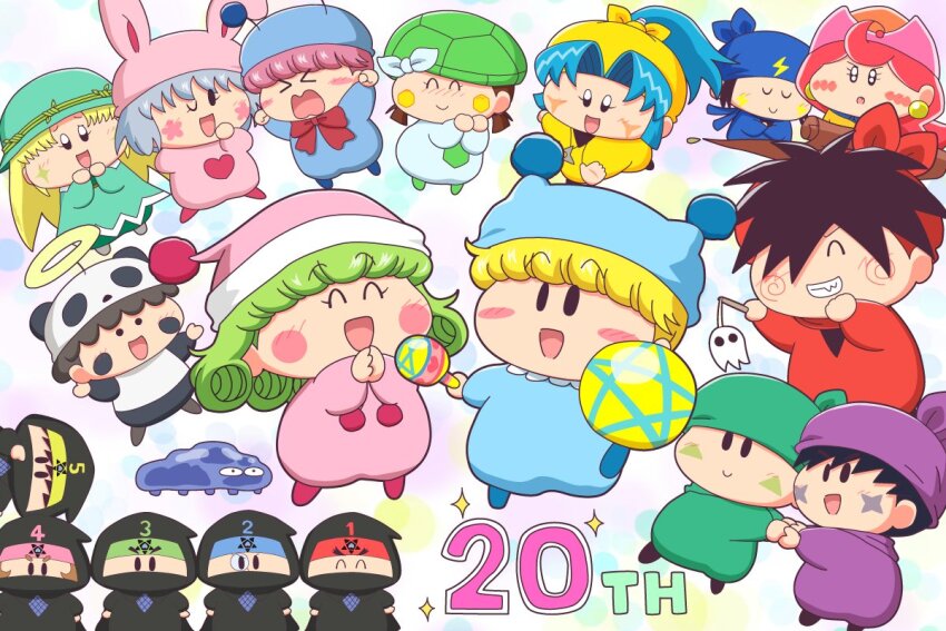 >_<, 5girls, 6+boys, ^_^, akumi, aqua_hair, bandana, black_hair