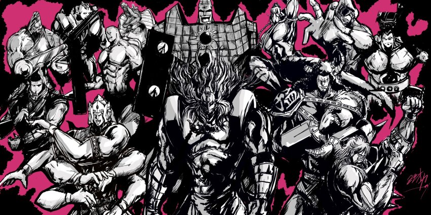 6+boys, akuma_shogun, armor, ashuraman, biceps, blonde_hair, brocken_jr., buffaloman