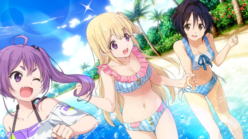 22/7, 22/7_ongaku_no_jikan, 3girls, ahoge, beach, bikini, blonde_hair, blue_bikini